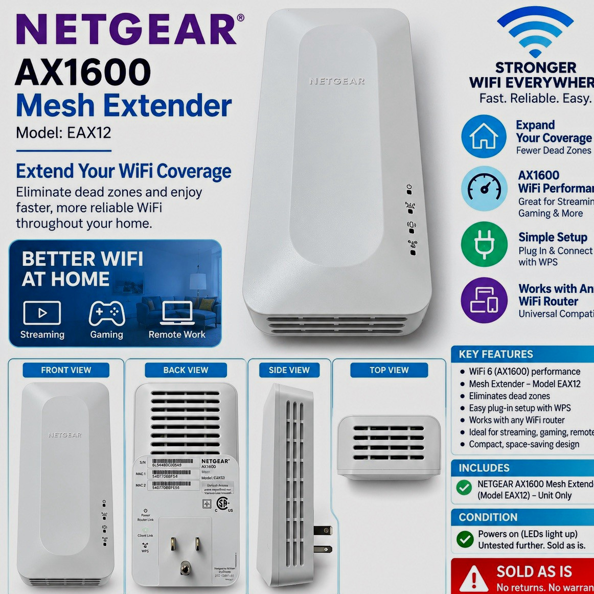 NETGEAR AX1600 WiFi 6 Dual-Band Mesh Range Extender EAX12 White
