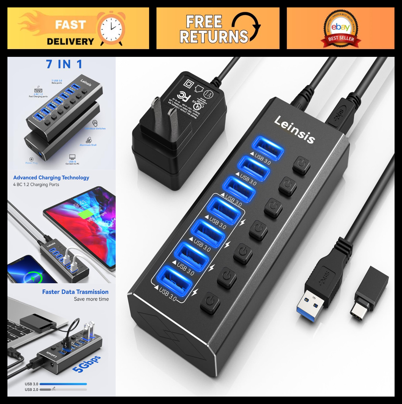 7-Port USB 3.0 Hub with Smart Charging & Individual Switches - Powered Aluminum