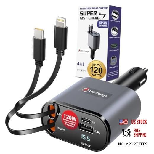 Ulti Charge iPhone Car Charger USB C Fast Charge Retractable Lightning & USBC