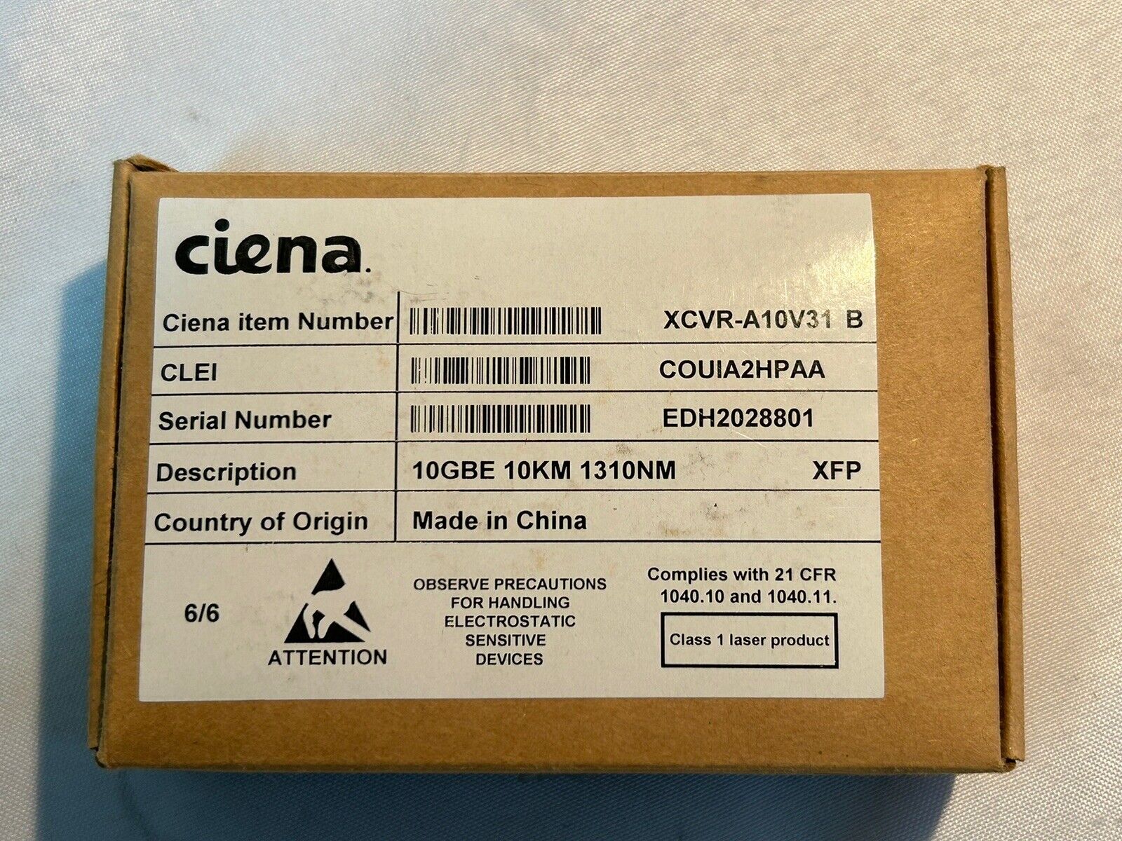 Ciena XCVR-A10V31 B 10GBE 10KM 1310NM Transceiver Grade A