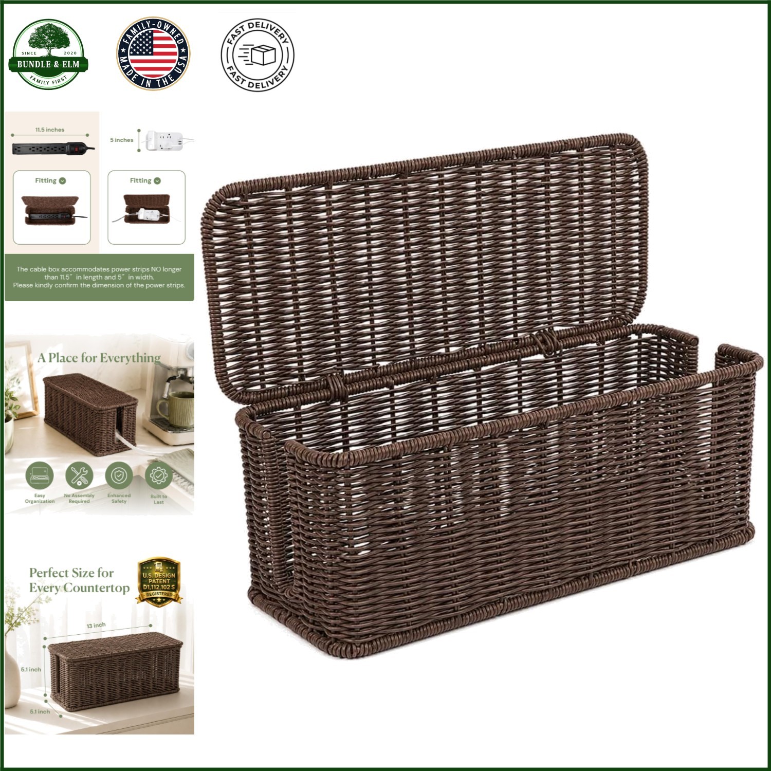 Rectangular Cable Management Box with Handwoven Rattan and Ventilated Design