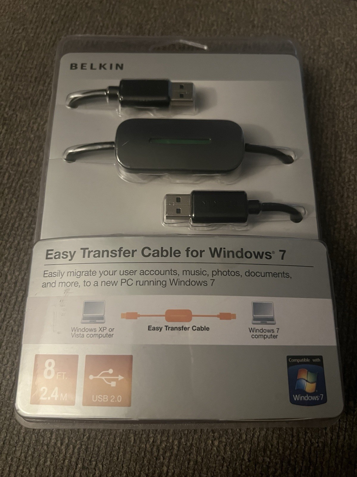 Belkin Easy Transfer Cable Windows 7 USB 2.0 8ft Data Migration New Sealed