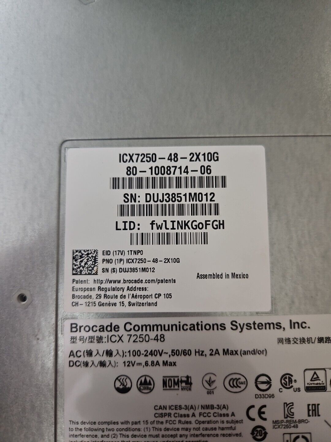 Brocade (ICX7250-48-2X10G) 48 Port Ethernet Switch