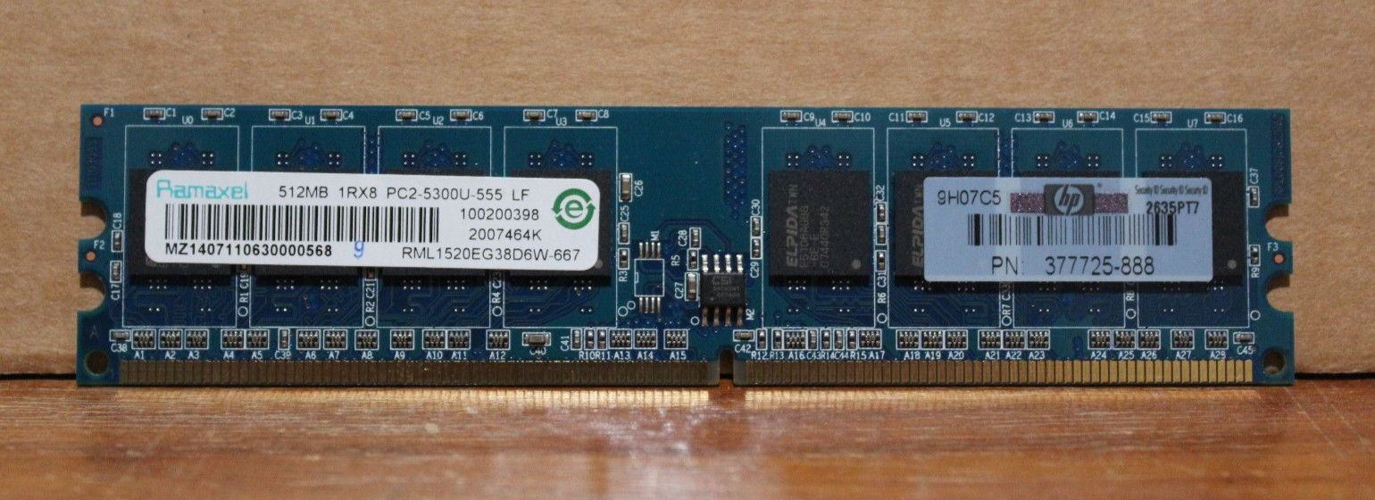 Ramaxel 512MB PC2-5300 DDR2-667MHz non-ECC CL5 240-Pin DIMM Dual Rank - Tested