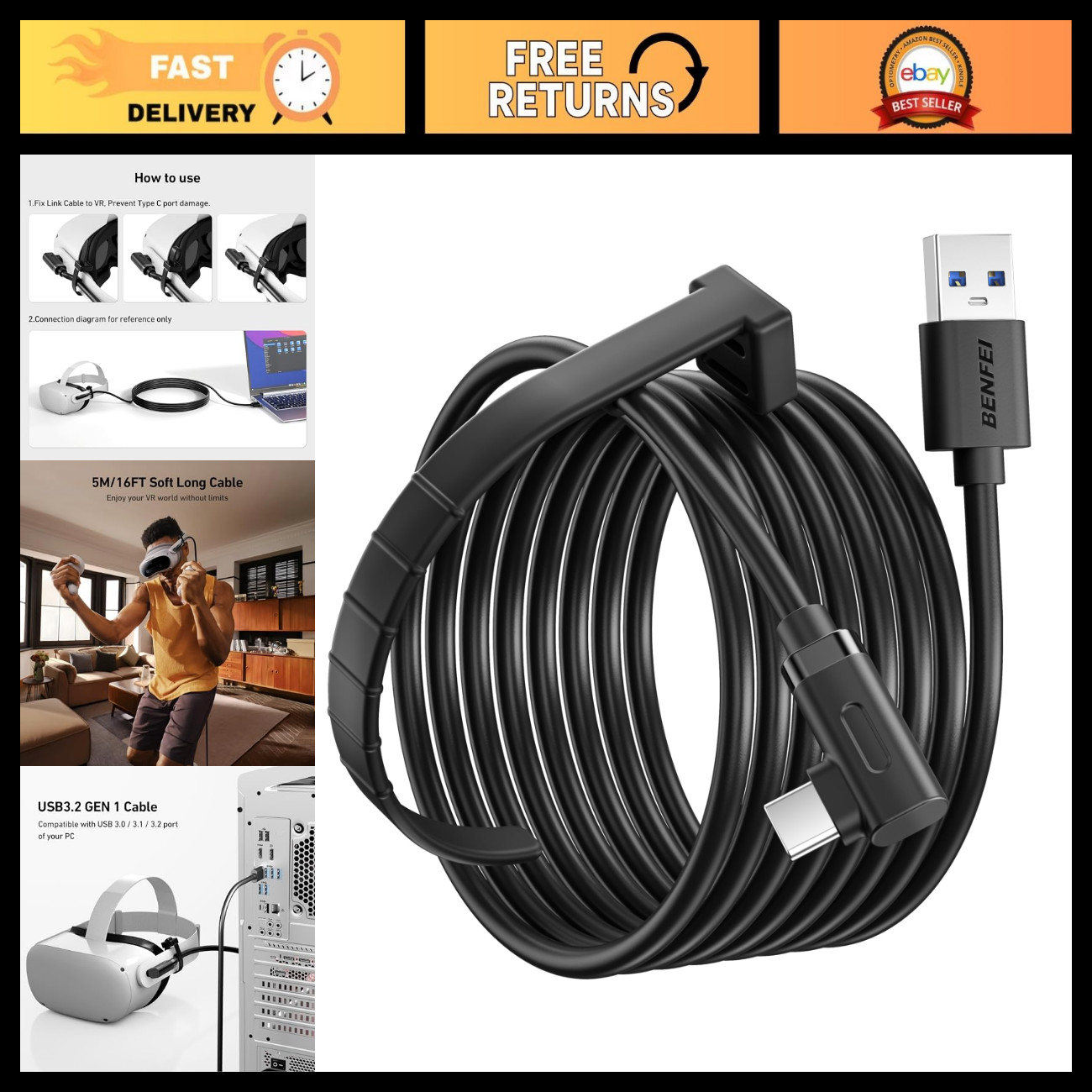 16FT USB 3.0 to USB-C Link Cable for Oculus Quest 3/2, Pico 4, PC/SteamVR - High