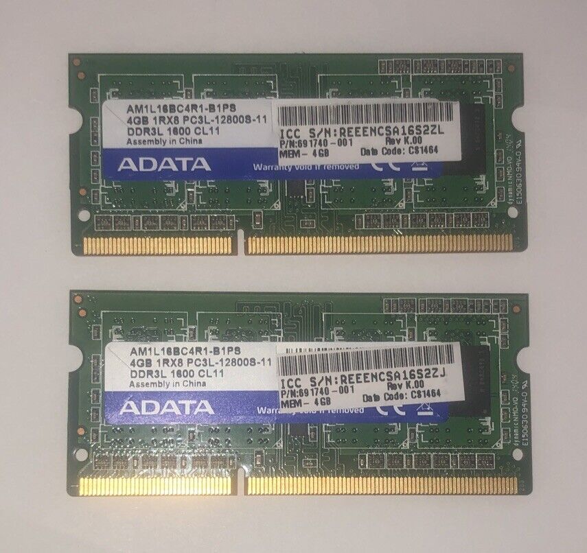 ADATA  8 GB ( 2 X 4GB) DDR3L 1RX8 PC3L-12800S-11 1600MHz AM1L16BC4R1-B1PS