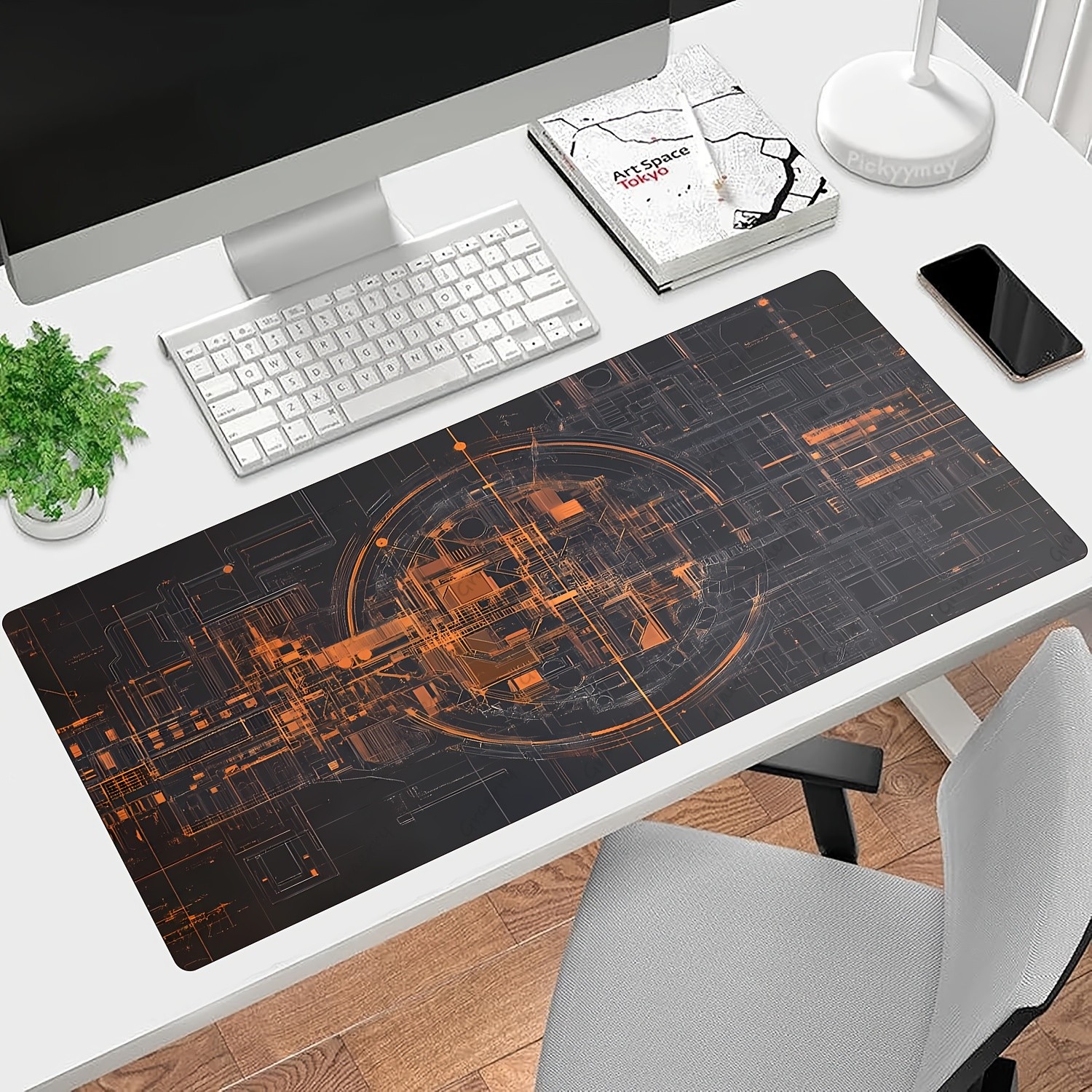 1pc Sci-Fi Tech Blueprint Large Gaming Mouse Pad - Futuristic Orange & Black D