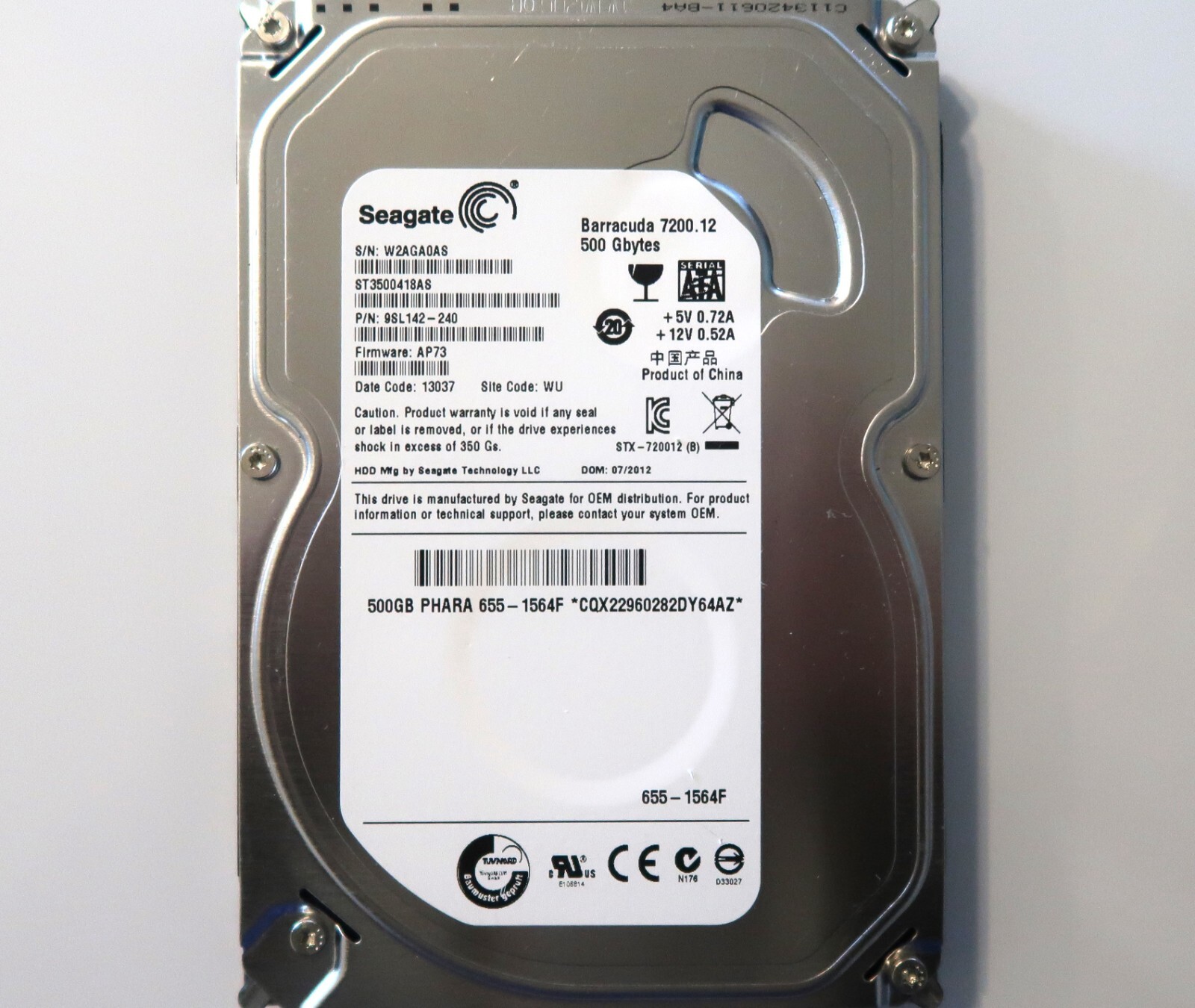 Seagate ST3500418AS 9SL142-240 AP73 WU (W2A) China 3.5" 500gb Sata HDD 2012