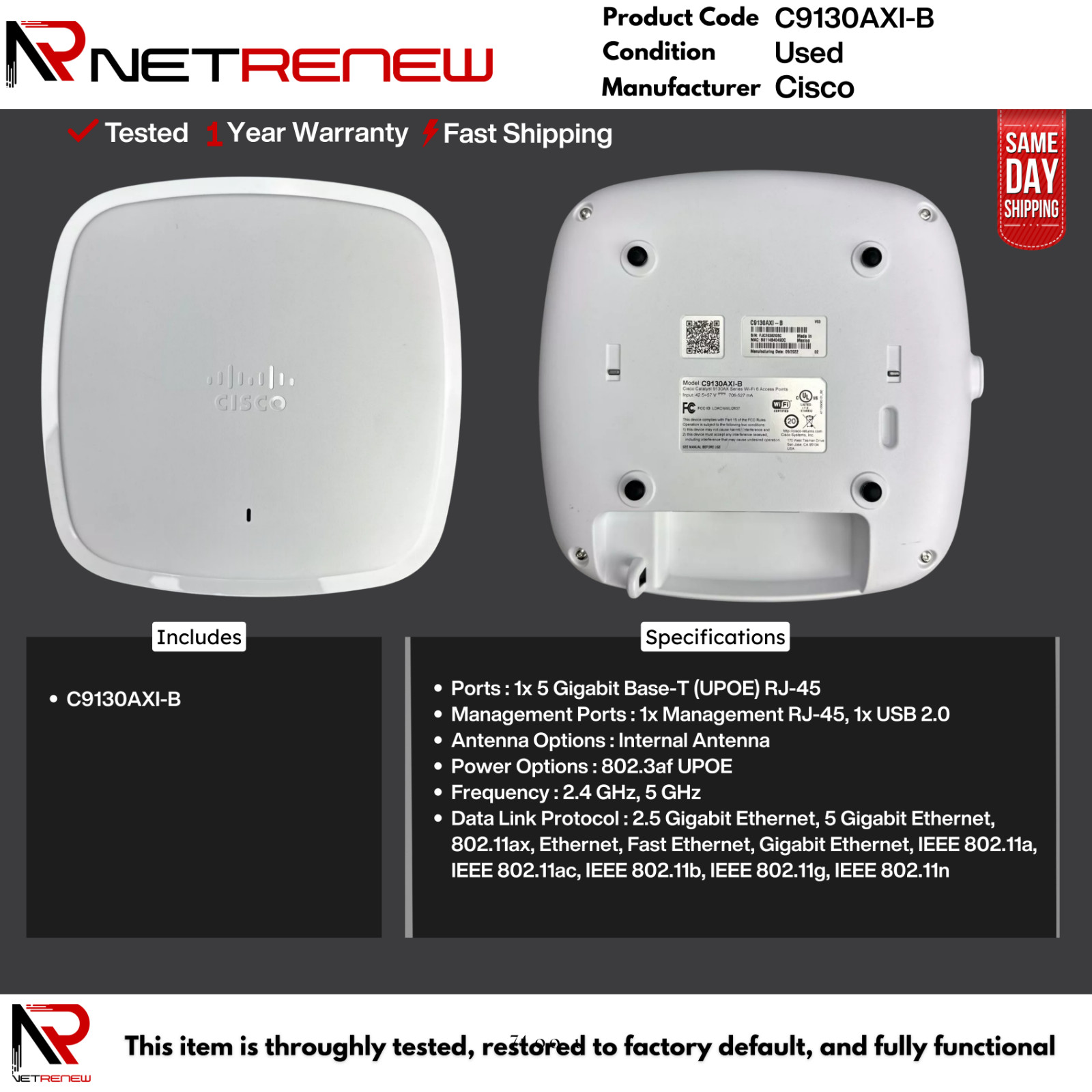 Cisco Catalyst C9130AXI-B Wi-Fi 6  Wireless Access Point
