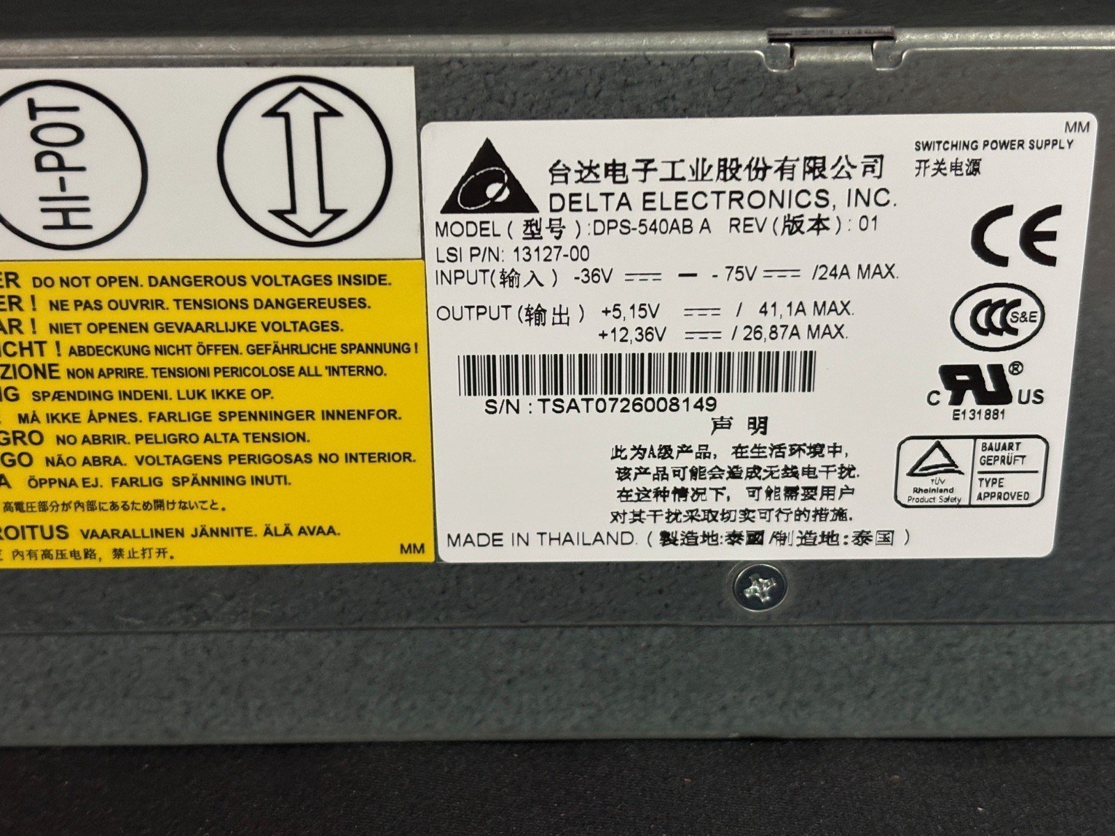 Delta Electronics DPS-540AB  540W Power Supply - LSI # 13127-00