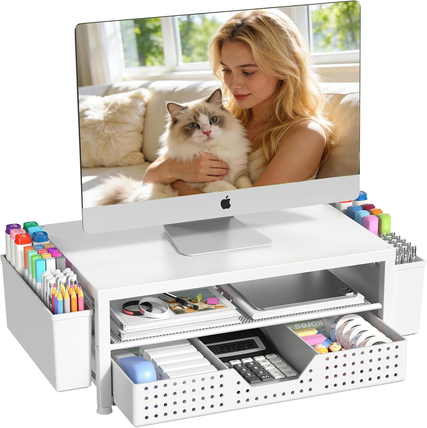 2-Tier Monitor Stand Riser w/ Drawer & Pen Holders Organizer for Office White