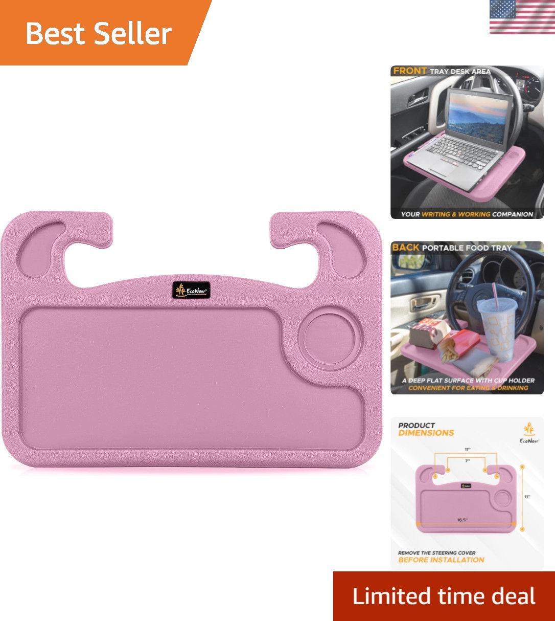Versatile 2-in-1 Pink Car Steering Wheel Tray | Laptop & Food Desk