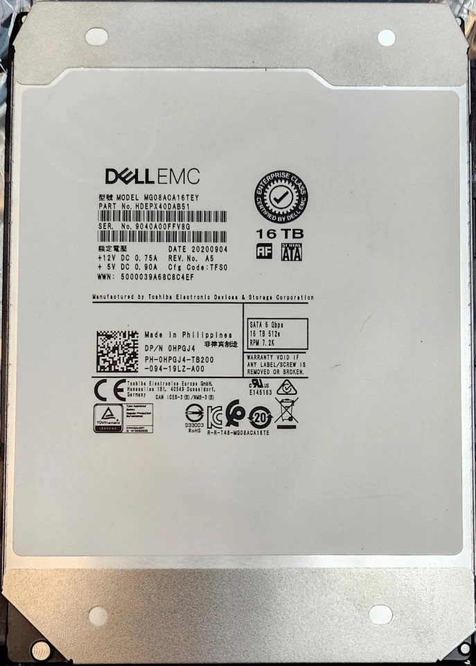Dell PowerEdge 16TB 3.5 inch 6G SATA Hard Drive HPGJ4 MG08ACA16TEY HDEPX40DAB51