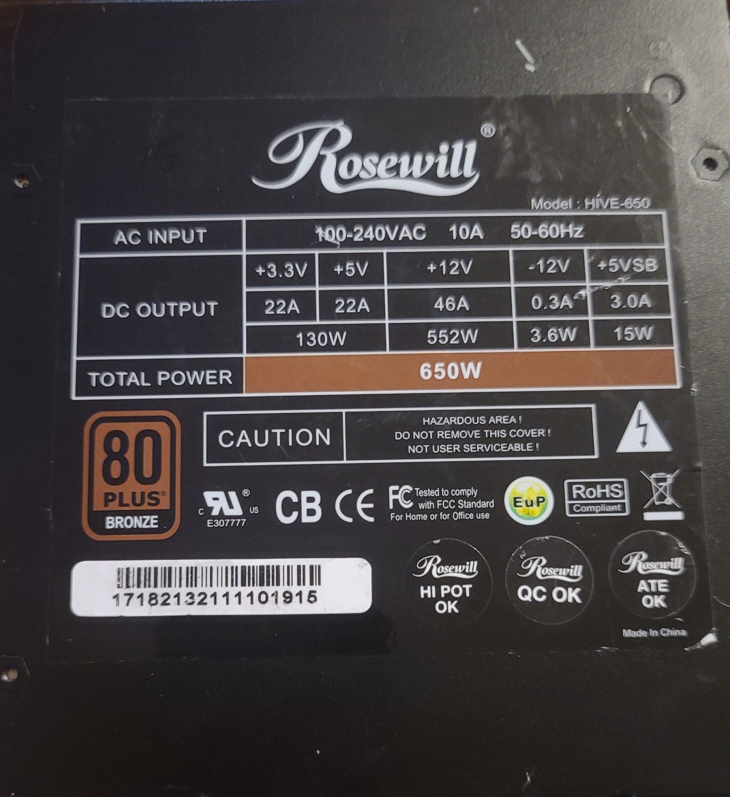 Rosewill HIVE-650 650W 80 PLUS Bronze Semi-Modular ATX Power Supply, Black