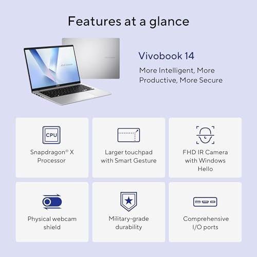 ASUS VIVOBOOK 14 LAPTOP, 14” WUXGA 60HZ DISPLAY, QUALCOMM SNAPDRAGON X, - BS56