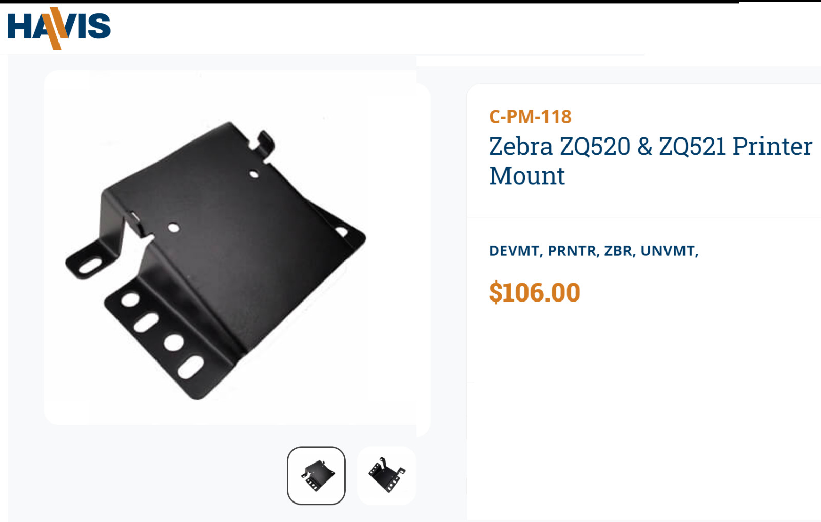One Genuine Havis C-PM-118 Zebra ZQ520 & ZQ521 Printer Mount Kit (Screws Incl'd)