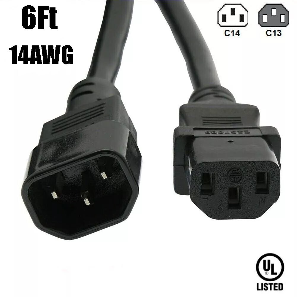 6FT 14AWG Power Cord Extension C13 to C14 IEC 320 3-Prong 14/3 Cable 125V 15A UL