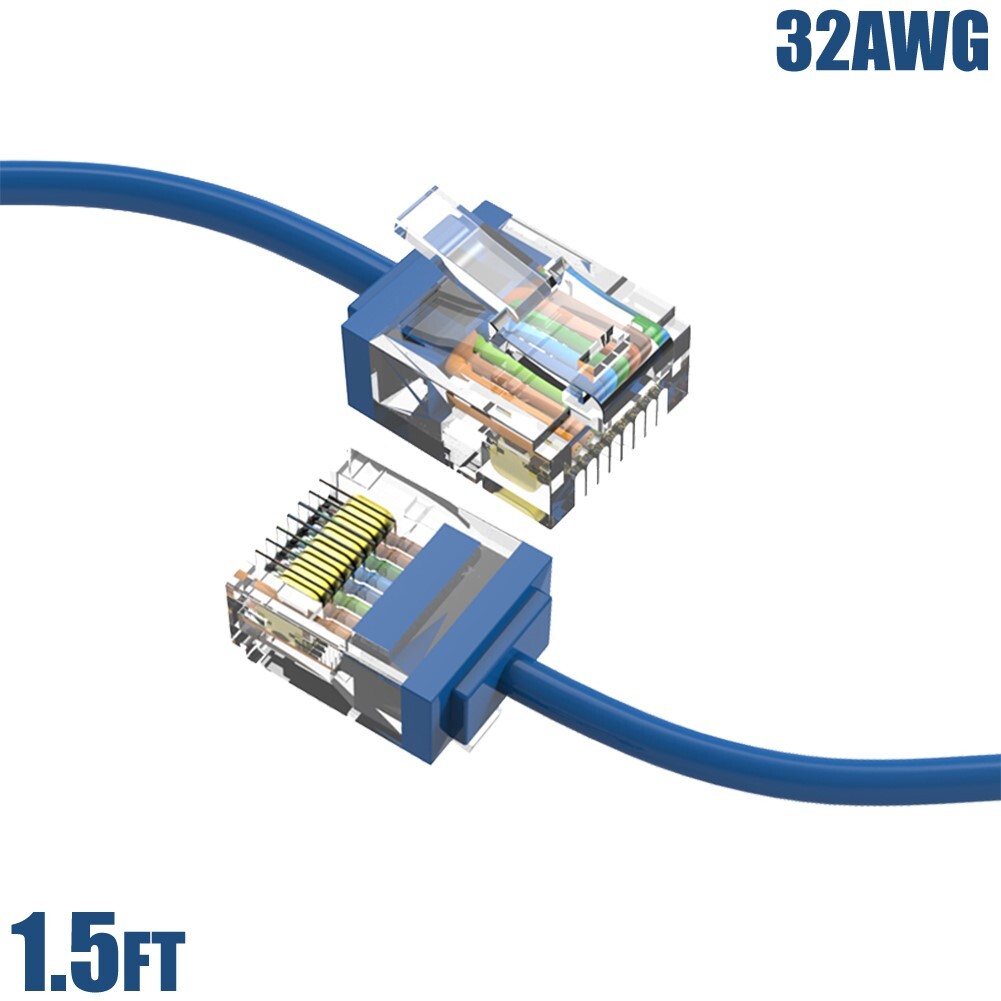 1.5FT Cat6A RJ45 Network LAN Ethernet UTP Patch Cable Super Slim Cord 32AWG Blue
