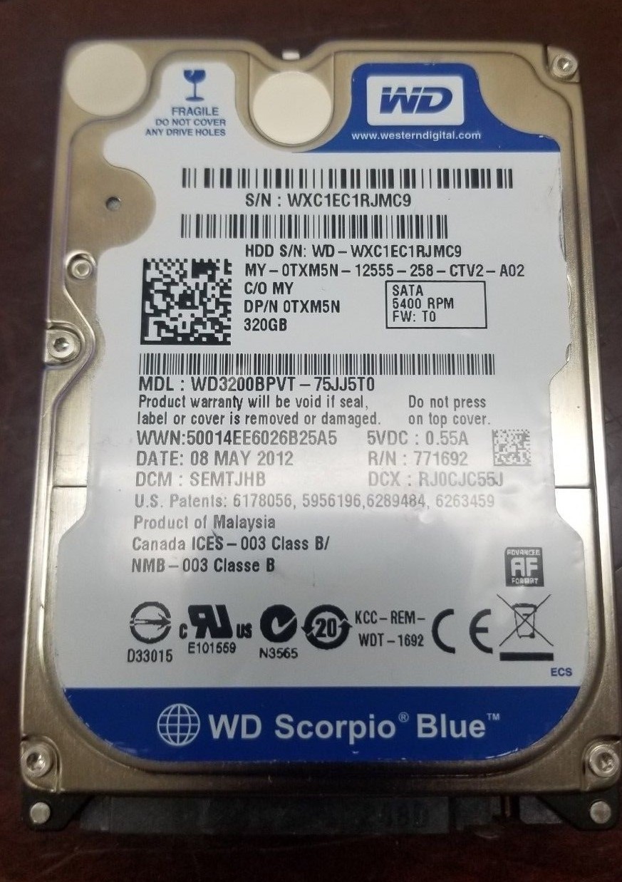 Dell TXM5N Western Digital Scorpio Blue 320GB 5400RPM 2.5" WD3200BPVT HDD