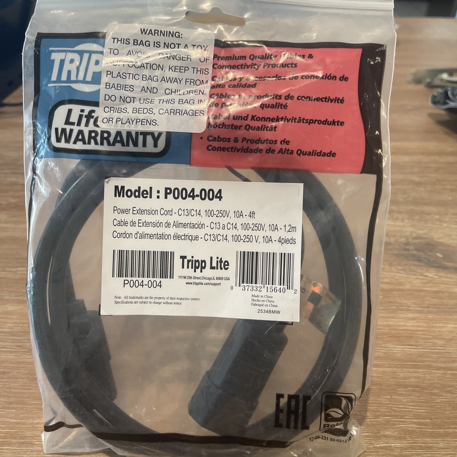 Tripp-Lite P004-004 Power Extension Cord Cable C13/C14 100-250V 10A 4ft