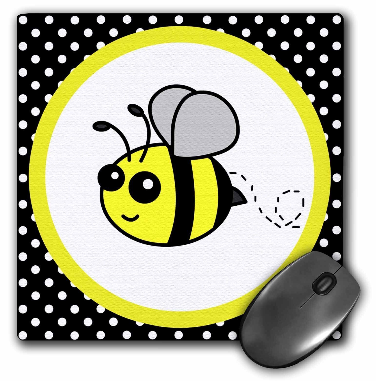 3dRose Cute Yellow Bumble Bee on Black and White Polka Dots  MousePad