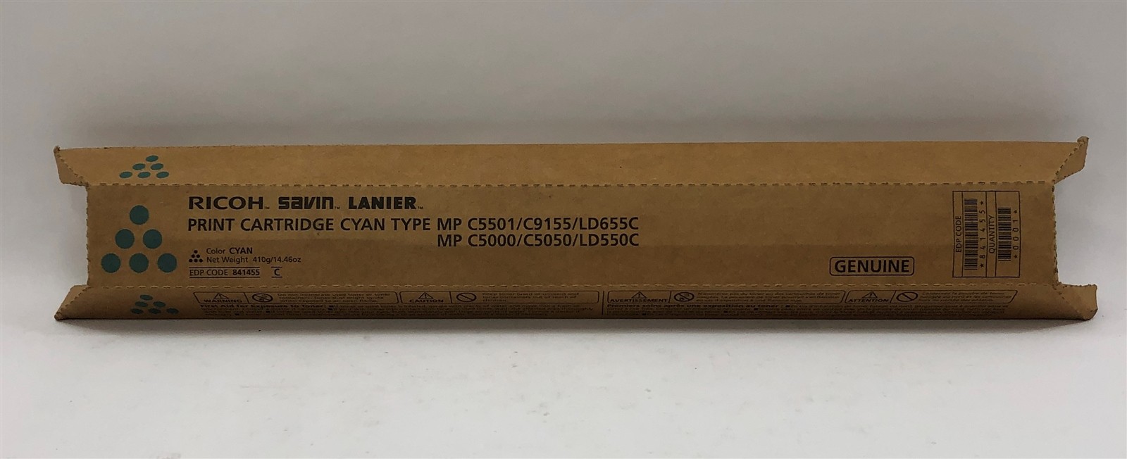 Open Box Richoh Savin Lanier Cyan Print Cartridge 841455 MP C5501 C9155 LD655C