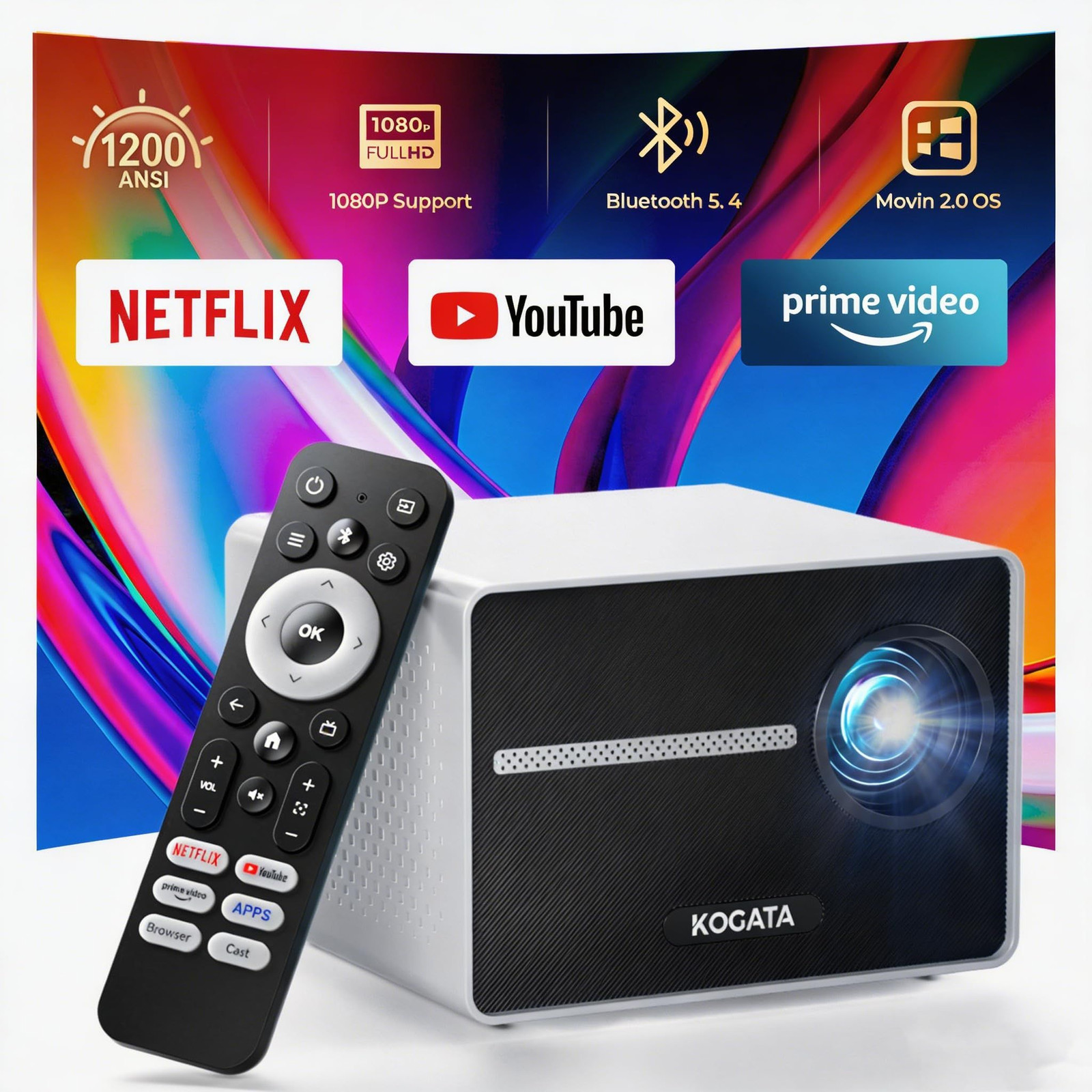 [Built-in Apps] Smart-Portable-Mini-Projector with WiFi 6 Black White