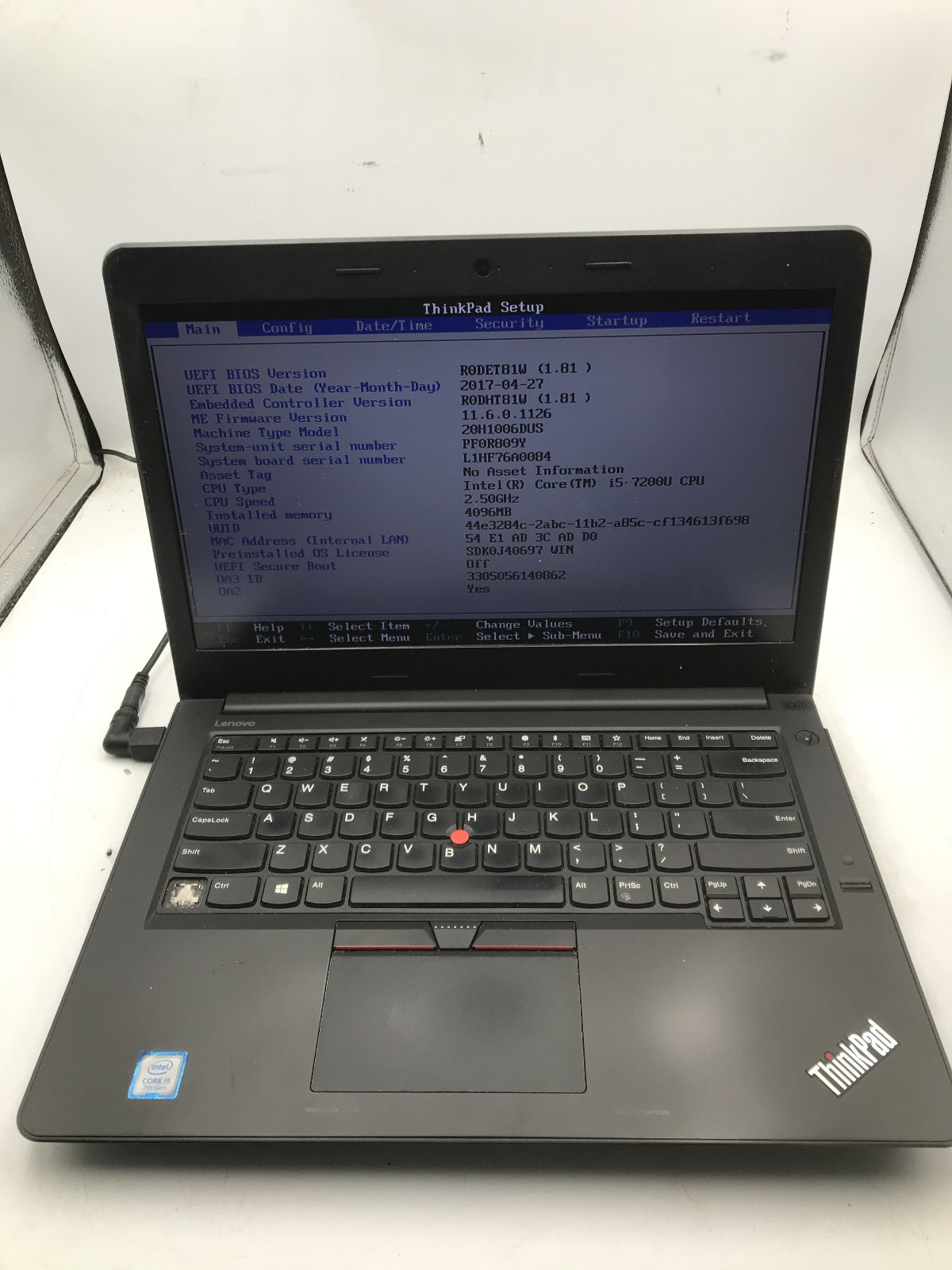 LENOVO THINKPAD E470 - BOOTS TO BIOS - INTEL I5 7TH GEN - NO RAM - READ DESC -BB
