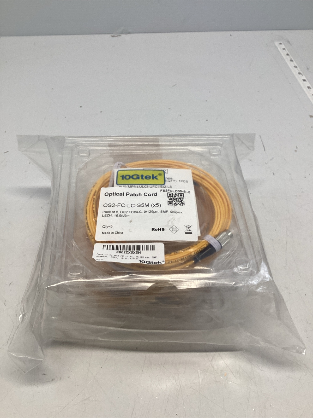 10Gtek Optical Patch Cord OS2-FC-LC-S5M 16.5 ft/5 m Pack Of 5