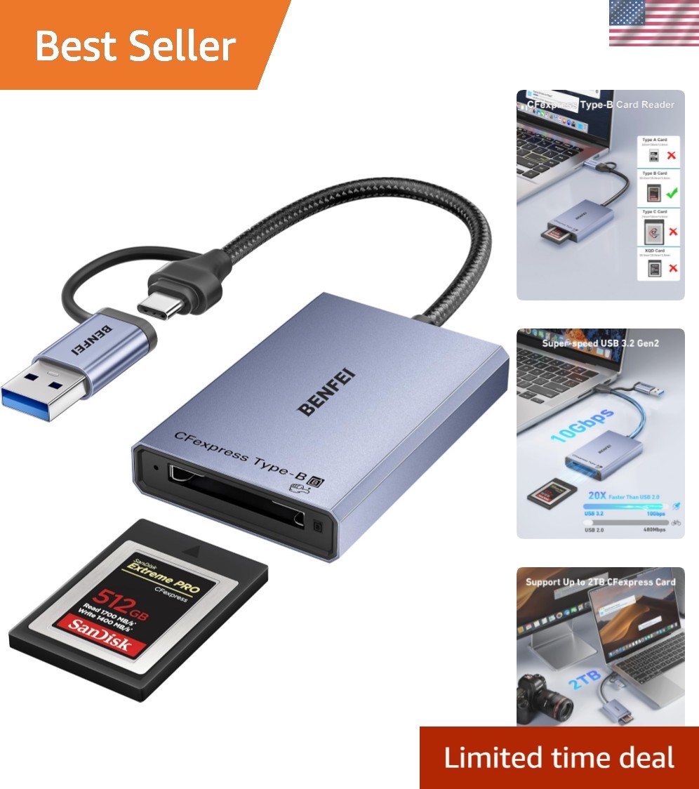 Durable CFexpress Type B Card Reader - 10Gbps Transfer, USB-C & USB-A Compatible