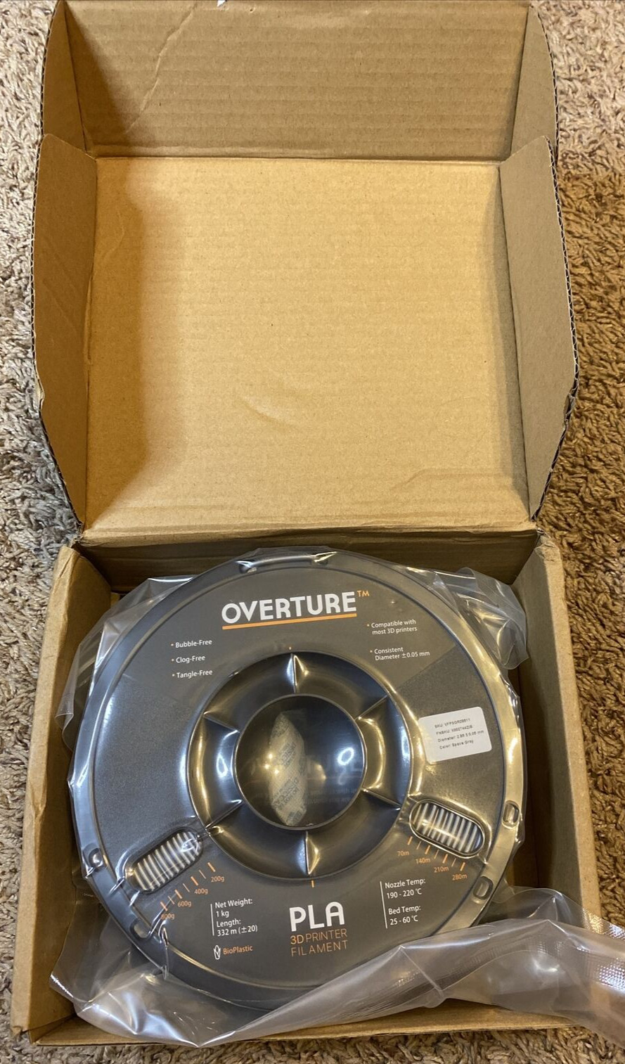 Overture PLA Space Gray 3D Printer Filament 2.85mm/ 1kg / Build Surface x1
