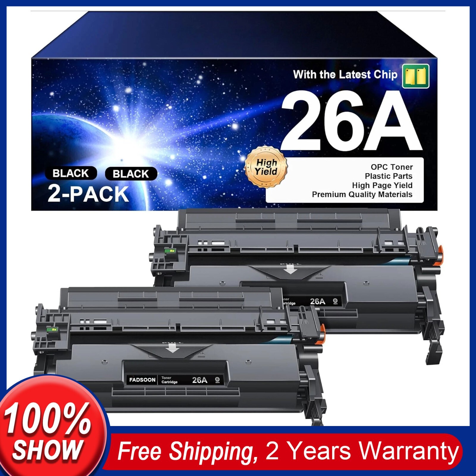 26A CF226A Compatible Toner 2PK BK With Chip for M426fdn M426fdw M402dn 2-Pack
