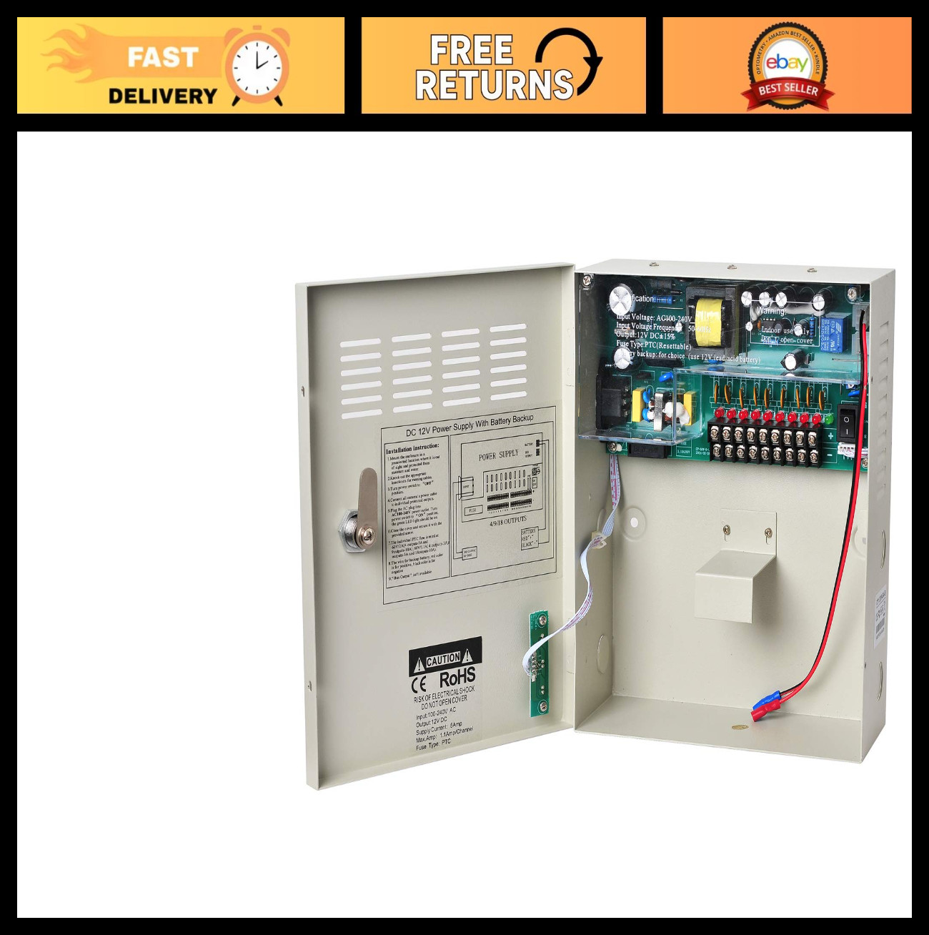 9 Channel 12V 5A Metal Boxed UPS Power Supply for CCTV, Burglar Alarms, PTZ Acce