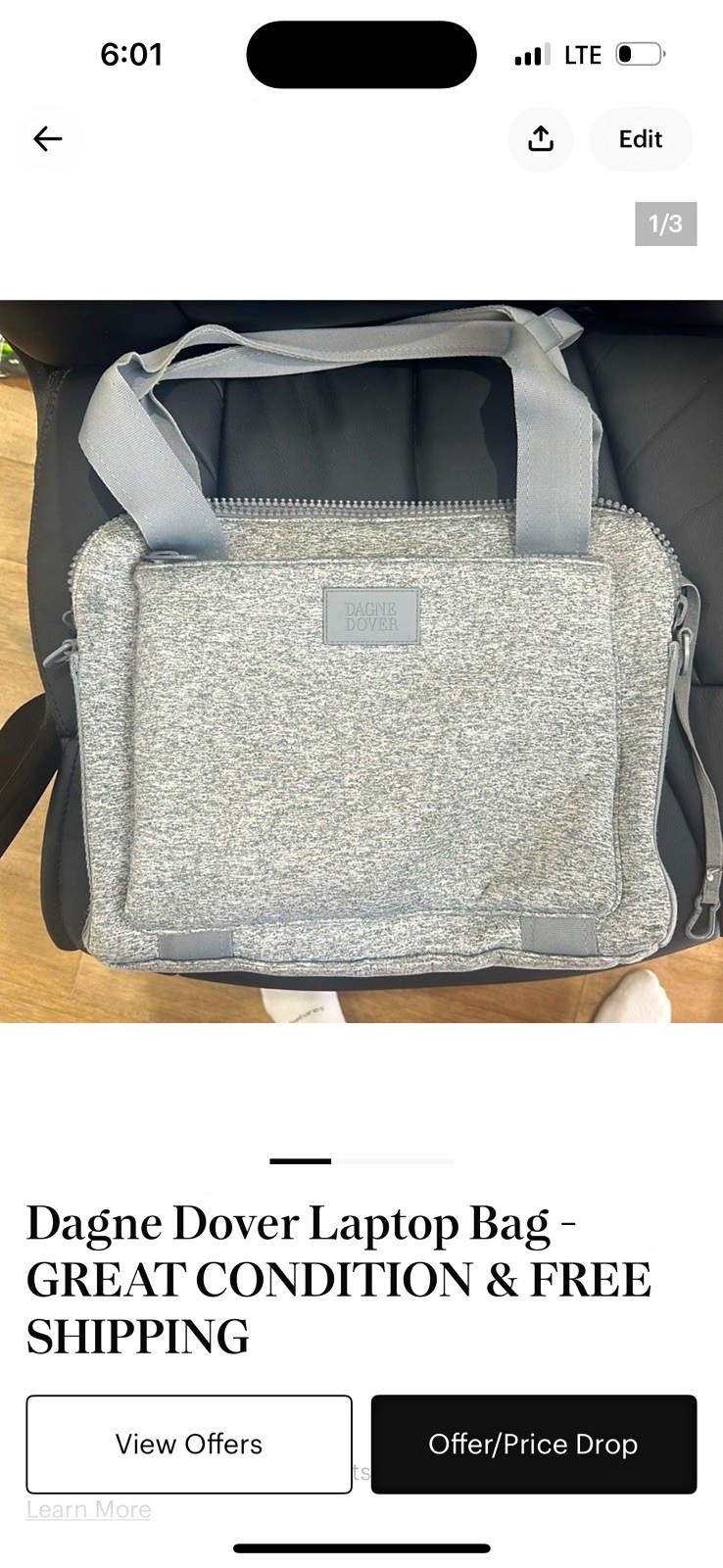 Dagne Dover Neoprene Laptop Briefcase Gray Heathered Adjustable Shoulder Strap
