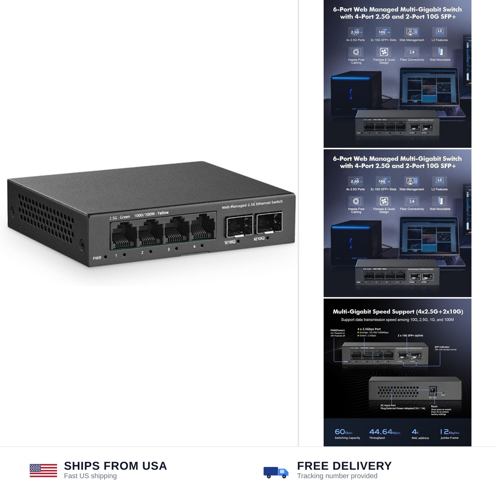 6 Port 2.5G Managed Switch, 4 x 2.5Gbps Base-T Ports and 2 x 10G SFP+ Slot, S...