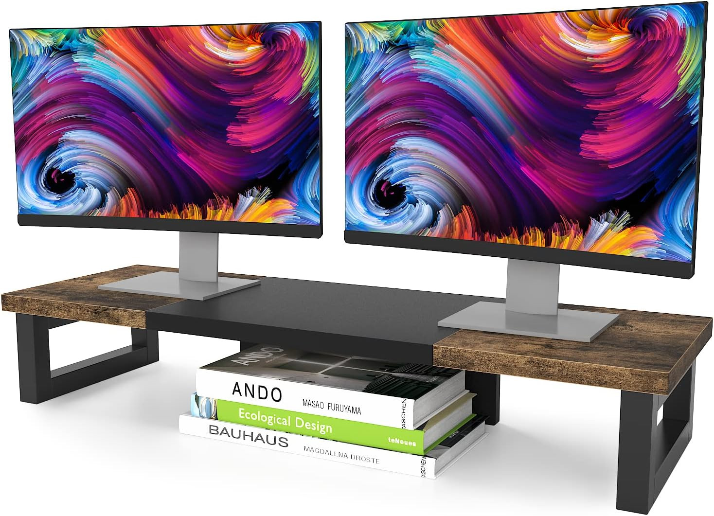 Dual Monitor Stand Riser, Wood and Steel Multi-Purpose Desktop Storage Stand for