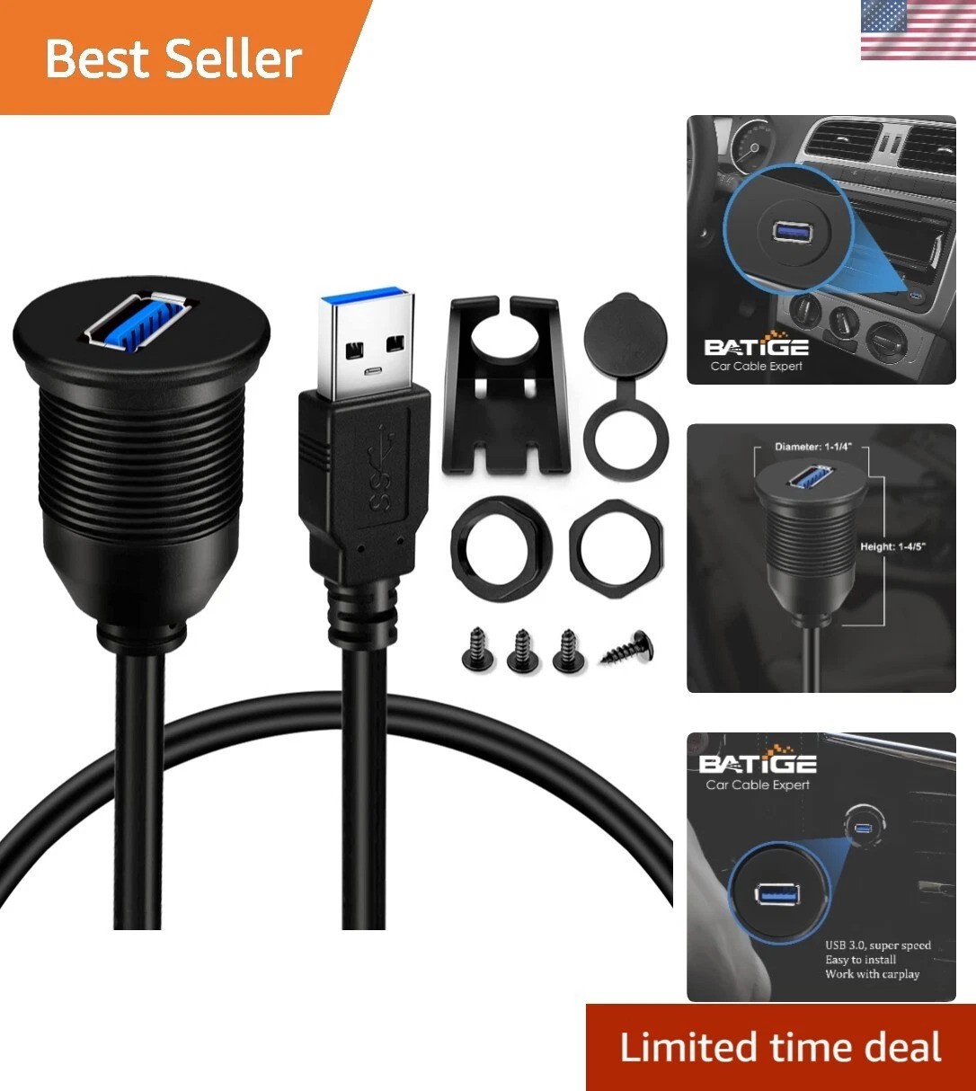 Versatile Waterproof USB 3.0 Male to Female Extension - 5 Pack Flush Mount Cable