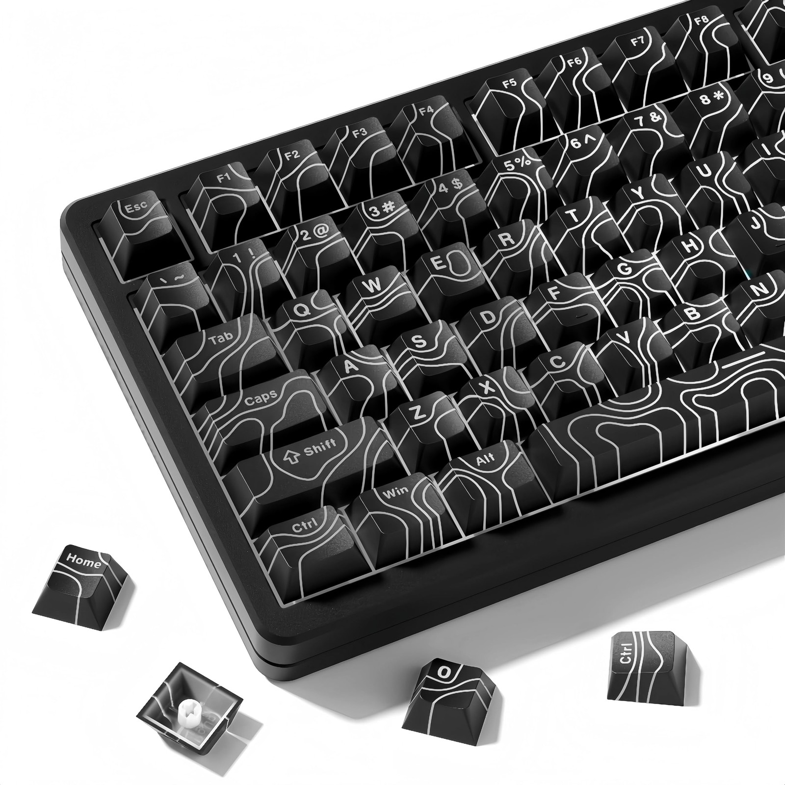 118 Keys Black Topographic PBT Keycaps Double Shot Shine Through Cherry