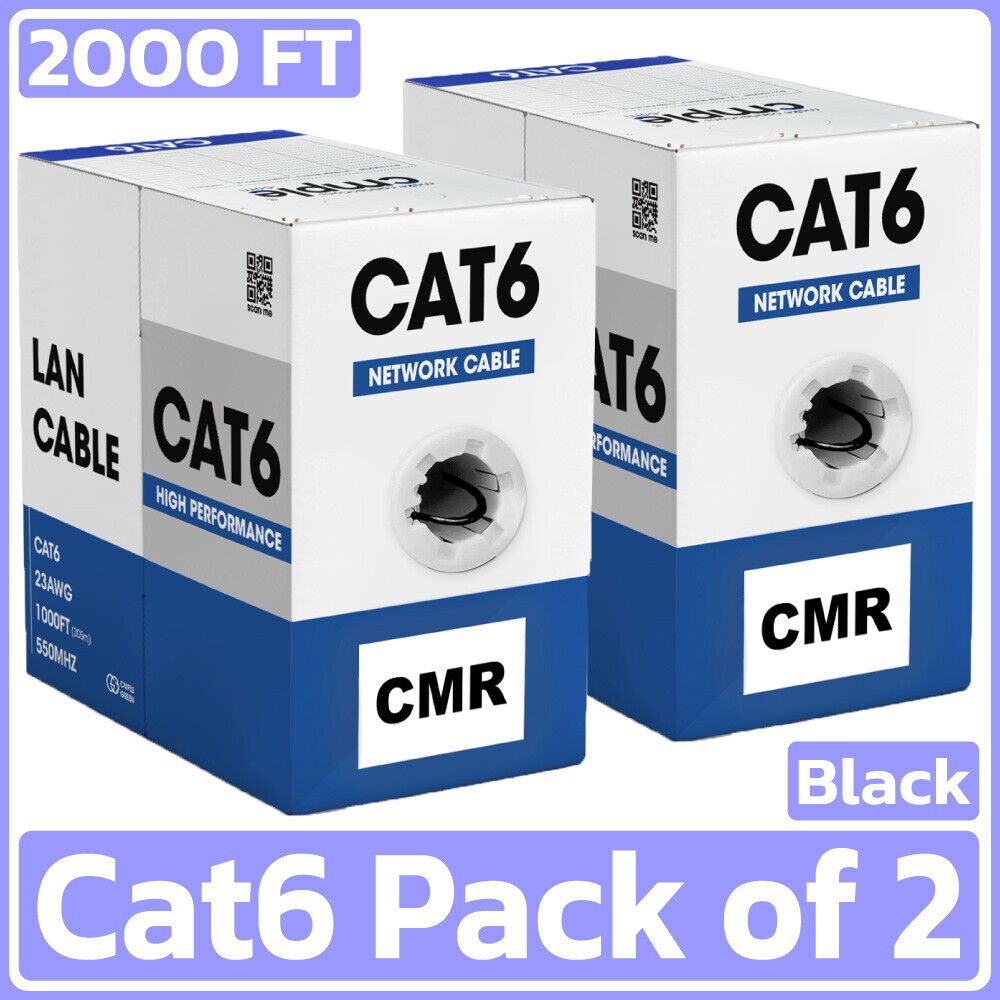 2 Pack 1000ft Cat6 Ethernet Cable Riser CMR Solid 23AWG UTP LAN Pull Black