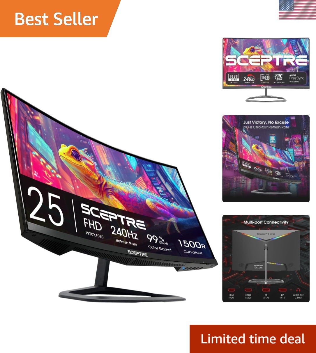 Elevate Your Gaming with 24.5" FHD Curved Monitor - 240Hz, FreeSync, and Audio