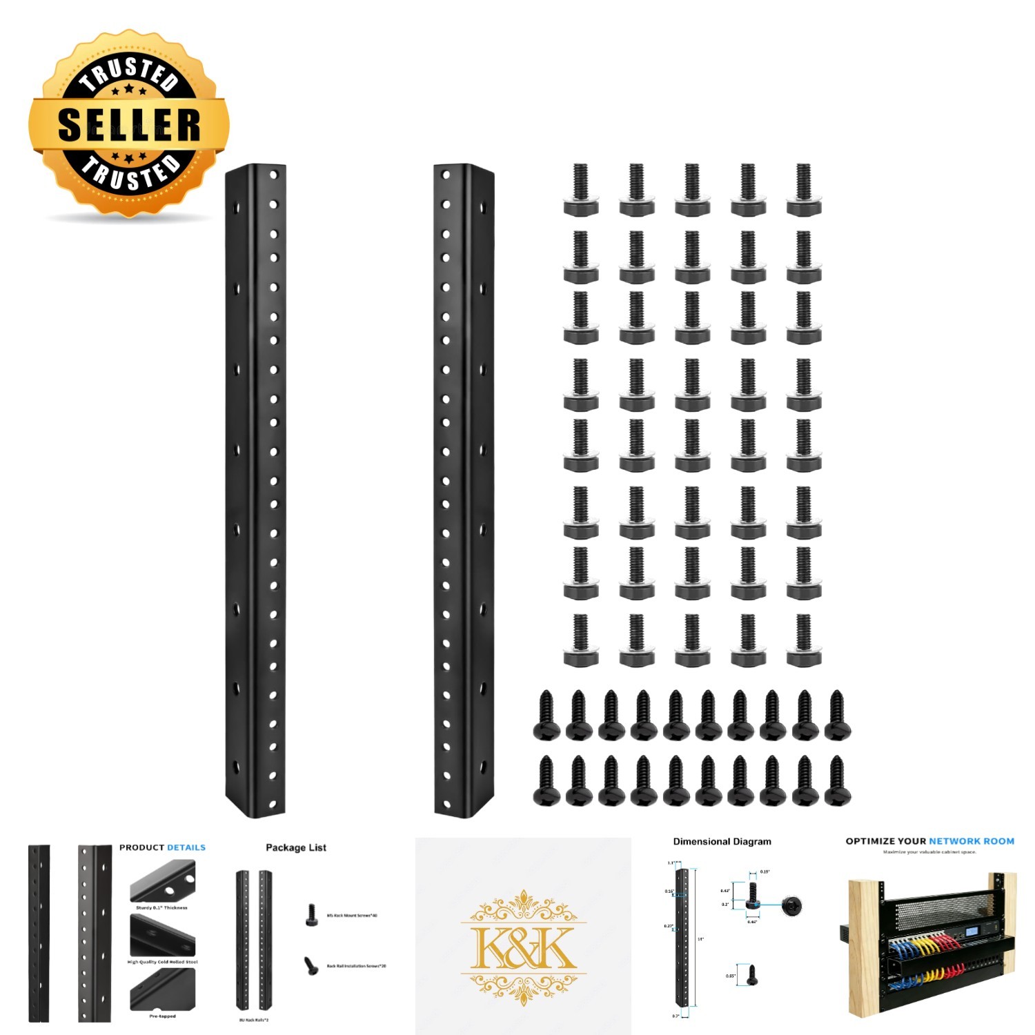 8U Server Rack Rails Pair - Durable Metal with Easy Installation Kit