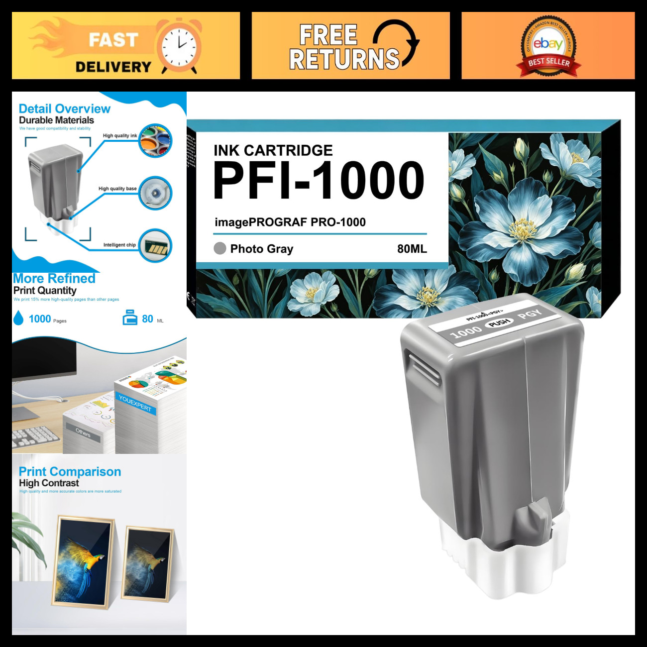 Photo Gray Ink Cartridge 80ML Compatible with Canon PFI-1000 PRO-1000 Printer