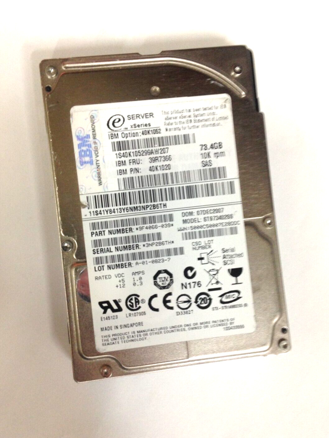 IBM eServer ST973402SS 40K1052 73.4GB SAS 10K RPM Hard Drive -No Caddy