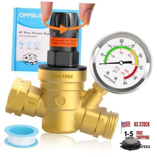 RV Water Pressure Regulator with Colorful Gauge, Hand Adjustable Knob,Brass