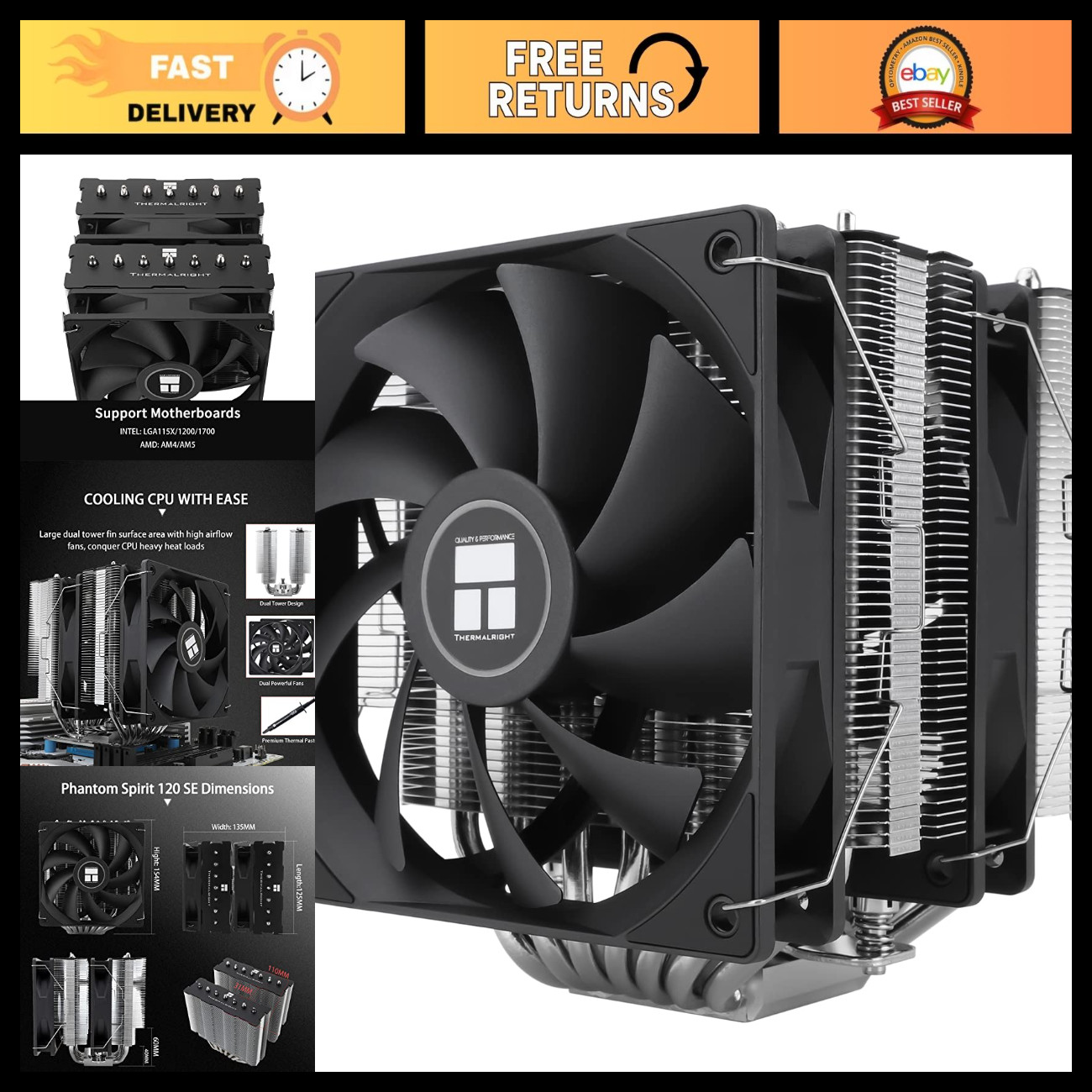 High-Performance CPU Air Cooler, 7 Heat Pipes, Dual 120mm PWM Fans, AMD/Intel Co