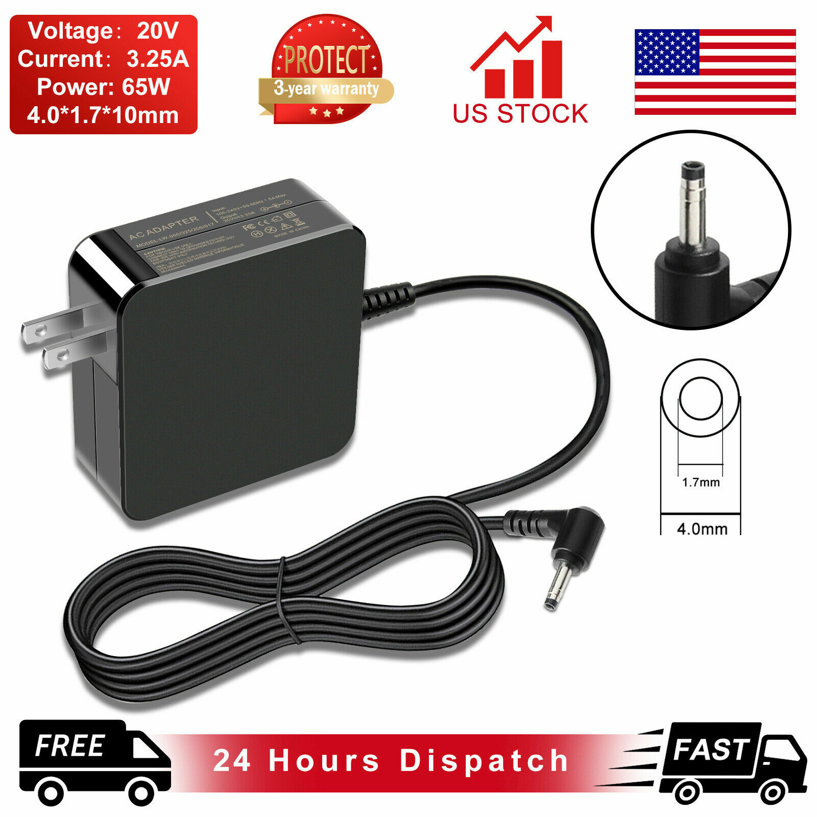 65W ADLX65CLGU2A Adapter Charger For Lenovo IdeaPad 310 110 110-15ISK 4.0*1.7mm