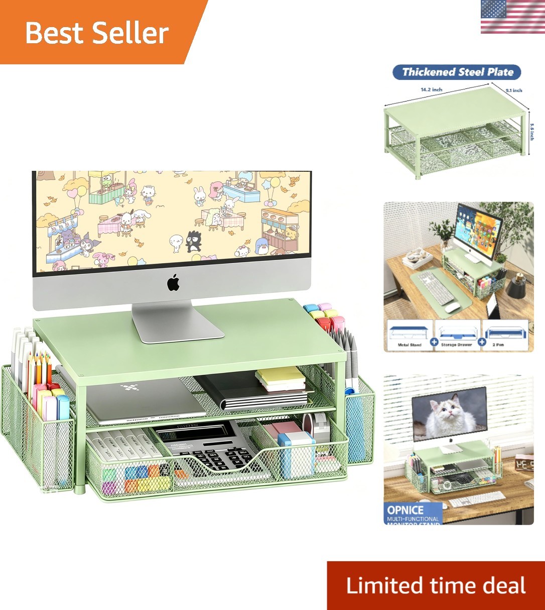 Sleek 2-Tier Computer Monitor Stand in Green - Elevate Your Workspace Aesthetics