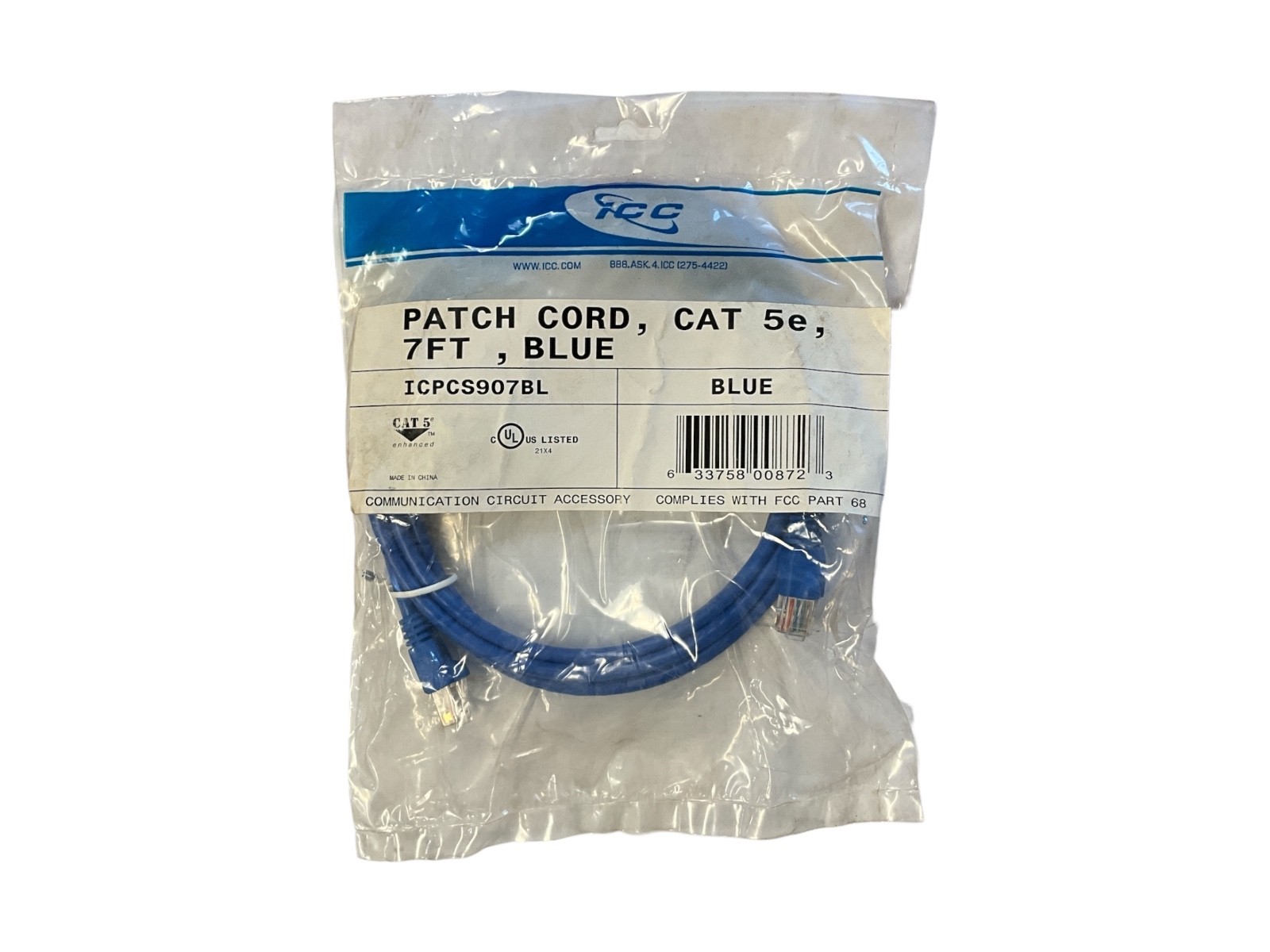 ICC ICPCS907BL CAT5e Ethernet Patch Cable 7ft Blue RJ45 Network