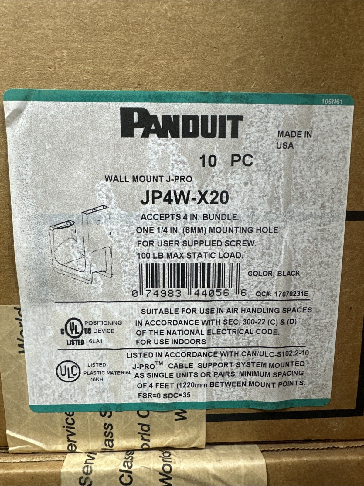 PANDUIT JP4W-X20 J Hook,Wall Mount,4 In,PK10 3HTC4