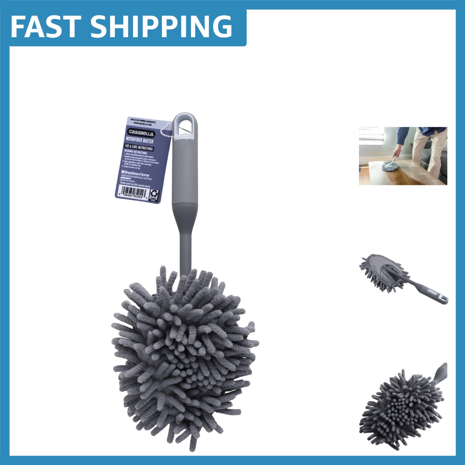 Gray Handheld Microfiber Duster with Washable Chenille Head for All Surfaces